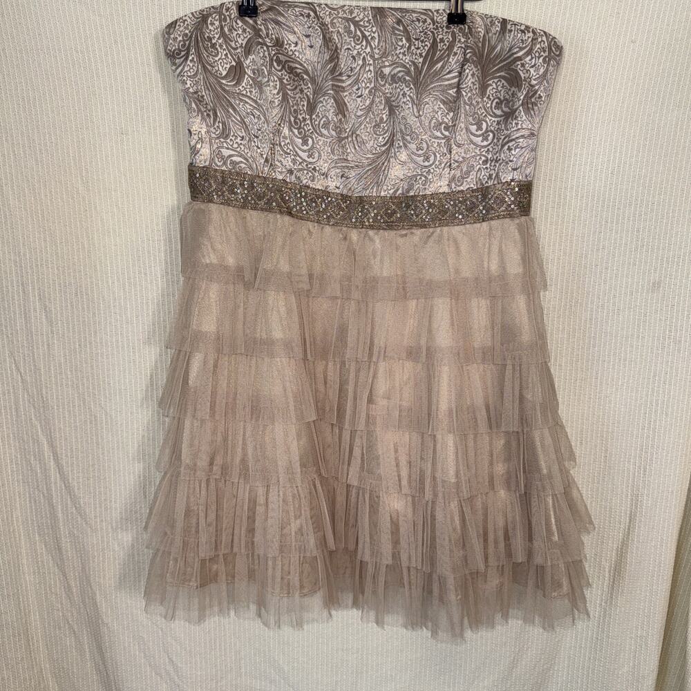 Debs Y2K Whimsical Taupe Strapless Tulle Ruffle Dress Sequin Paisley Fairycore